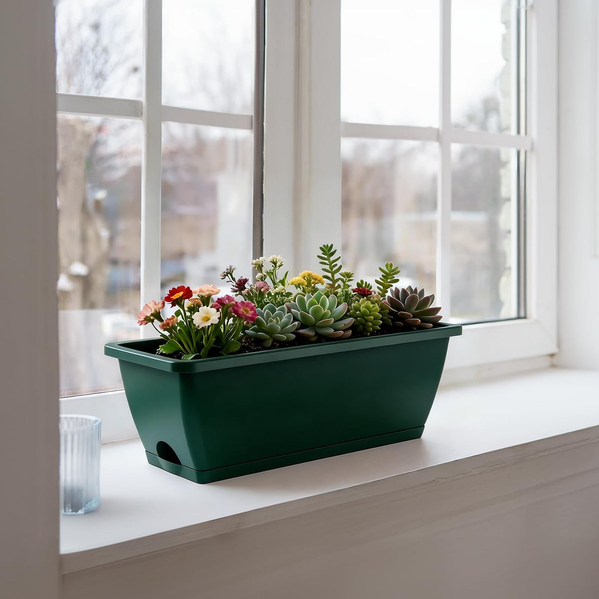 4 Pcs Hanging Flower Pots, 16.9 Inches Railing Planter Box, Green