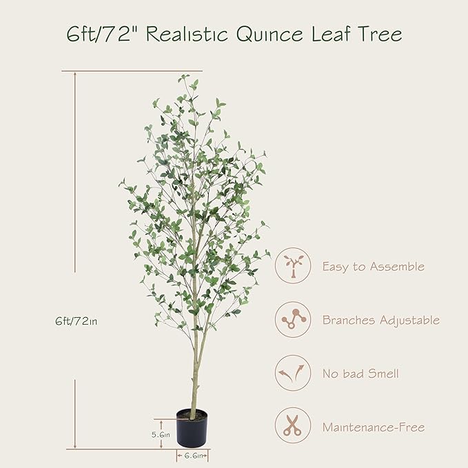 Bellacat 6ft Artificial Quince Leaf Tree with Realistic Trunks, 72in Faux Quince Leaf Tree with Lifelike Leaves for Garden, Home, Living Room Decor