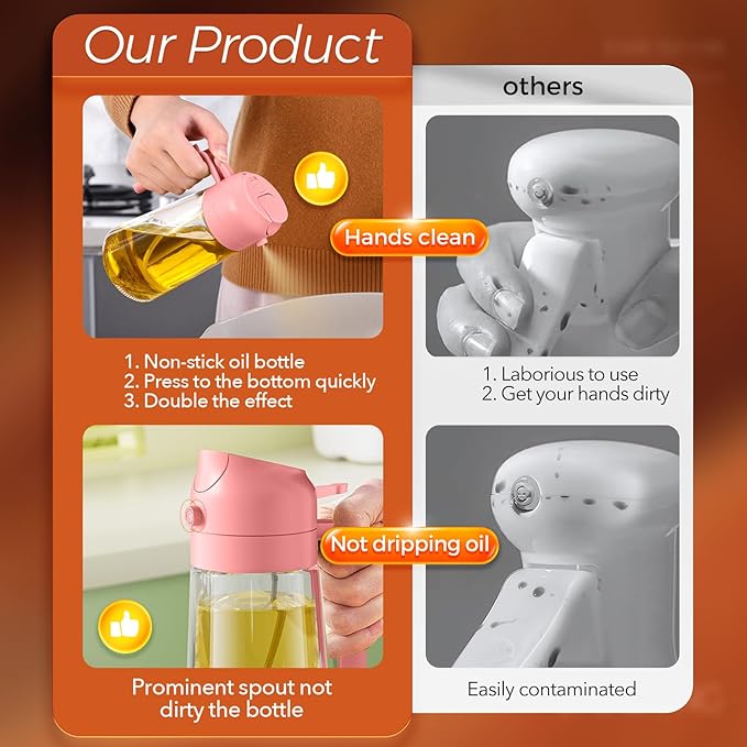 YARRAMATE 16oz/470ml Oil Sprayer for Cooking with Stickers, Food-grade Premium 2 in 1 Olive Oil Dispenser Bottle for Kitchen Gadgets, Air Fryer, Salad, Frying, BBQ (Pink)