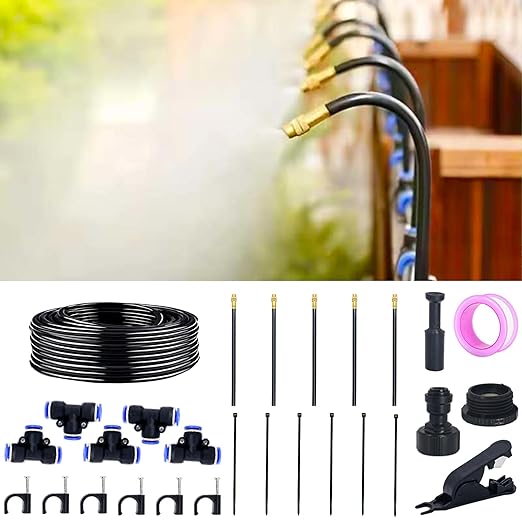 360° Adjustable Drip Irrigation System - 20FT Garden Watering System with 5 Nozzles, Garden Irrigation System, Greenhouse Accessories, Atomizing System for Yard, Lawn, Plants, 5/16 inch Hose