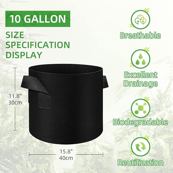 20 Pack 10 Gallon Plant Grow Bags, Breathable Felt Non-Woven Aeration Fabric Plant Grow Pots, Garden Planting Containers for Nursery Vegetable Flower Grow Bags with Handles (15.7x11.8inch)