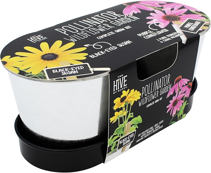 BUZZY Seeds Pollinator Garden Grow Kit with 2 Galvanized Metal Pots, Black-Eyed Susan and Coneflower Seeds, Growing Medium, Plant Markers, Chalk and Easy Instructions, Great Gift for Plant Lovers