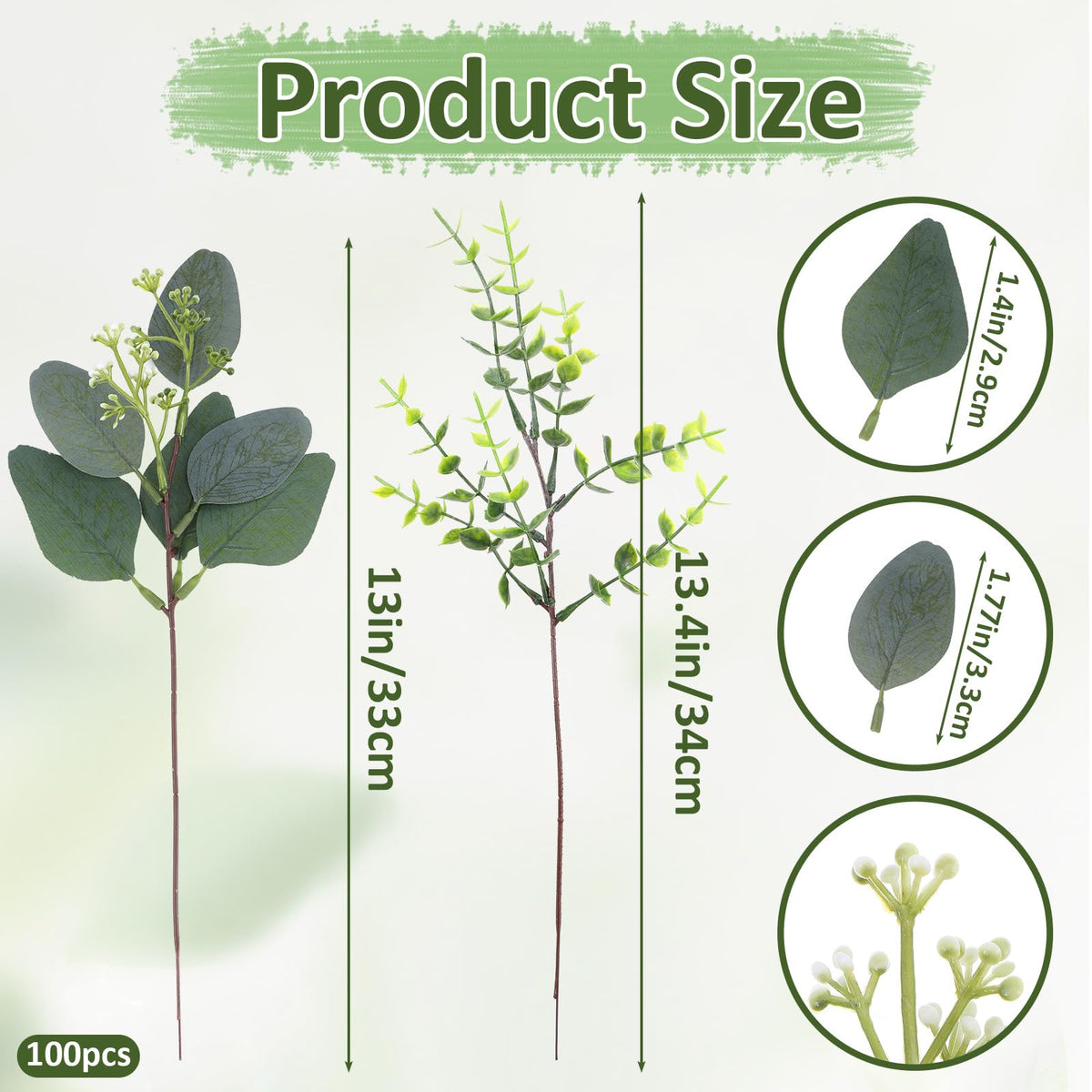 MSHHDK 100Pcs Mixed Eucalyptus Leaves Stems Bulk Artificial Eucalyptus Leaves for Home Wedding DIY Floral with White Seeds Mixed Artificial Greenery Stem Bulk for Bouquet Decor Arrangement