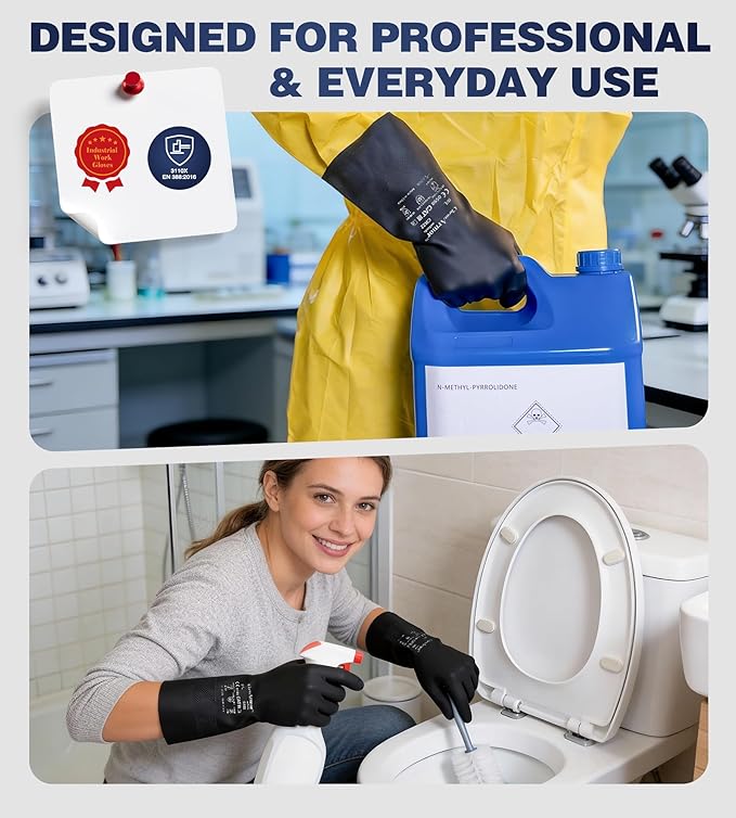 2 Pairs Heavy-Duty Chemical Resistant Rubber Gloves, Protective Industrial Gloves for Cleaning, Dishwashing, Resist Acid, Alkali, Hazmat, Black, Large