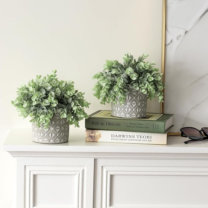 MyGift Artificial Eucalyptus Plant in Modern Gray Concrete Pots with Geometric Embossed Pattern (2, Grey)