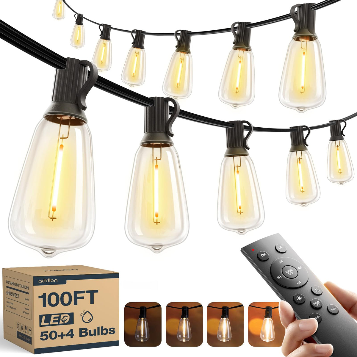 addlon 100FT(50FT*2) Outdoor String Lights ST38 LED with Remote Waterproof