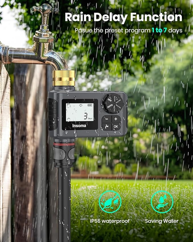 Sprinkler Timer with Brass Swivel, Programmable Water Timer for Outdoor Garden Hose, Hose Timers with Rain Delay/Manual/Auto Mode, Drip Irrigation and Lawn Watering System, 1 Outlet