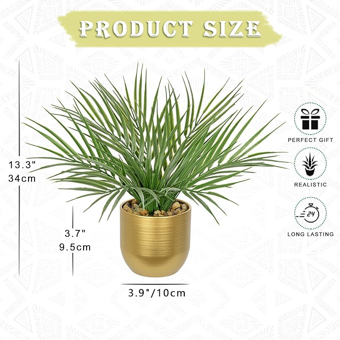 Hollyone Large Artificial Potted Plants Fake Palm Plants 13" Faux Tropical Palm Plant Tree in Gold Metal Pots for Home Room Office House Indoor Decoration