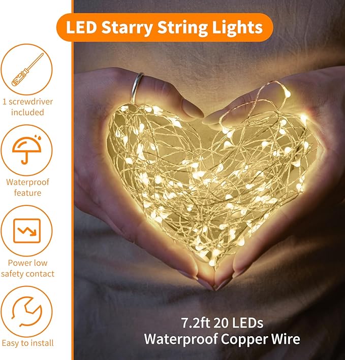 TingMiao 6 Pack Fairy Lights Battery Operated 7.2 ft 20 LED Mini String Lights Waterproof Silvery Copper Wire Firefly Starry Lights for Wedding Bedroom Party Christmas Decor(Warm White)