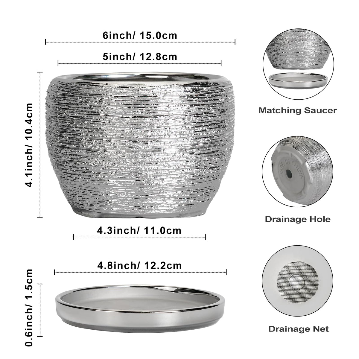 SQOWL Ceramic Plant Pots - 6 Inch Planter for Indoor Outdoor Plants, Modern Round Flower Pots with Drainage Hole and Saucer, Decorative Small Planter, Office Decor, Gifts for Women Men, Silver