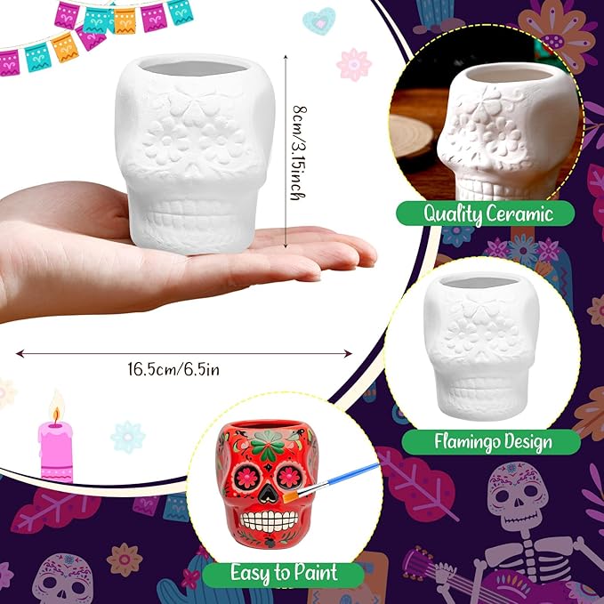 Pasimy 6 Set Ceramics to Paint DIY Ceramic Succulent Planter Pots Paint Your Own Flower Pots Craft Kit Unpainted Bisque Flowerpot with Brush Palette for Family Activity Holiday Gifts(Skull)