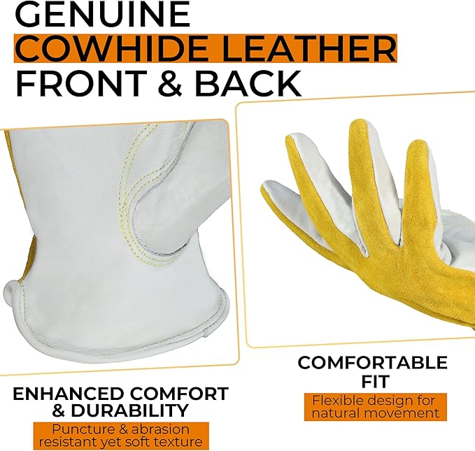 HANDLANDY Men Leather Gardening Gloves, Utility Work Gloves for Mechanics, Construction, Driver