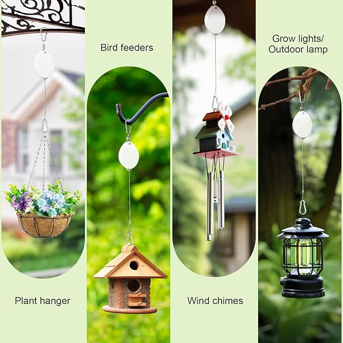 3 Pcs Upgraded Heavy Duty Retractable Plant Hanger,Plant Pulleys for Hanging Plants,Easy to Raise and Lower,Auto Lock,Adjustable Hook for Garden Baskets Pots,Birds Feeder and Grow Lights,White
