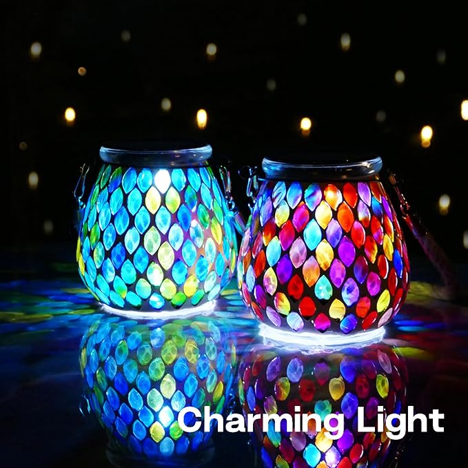 Mosaic Blue Solar Lanterns, Outdoor Glass Hanging Lights, Waterproof, Solar Table Lamps, Christmas Gifts for Women Mom Grandma, Night Lights, Decoration for Garden, Patio, Yard, Party, Outdoor Decor