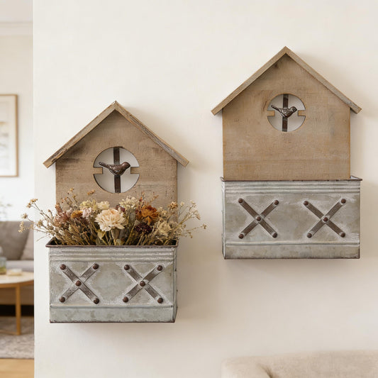 Set of 2 Wall Mounted Metal Planter Box, Birdhouse Hanging Pocket Planters