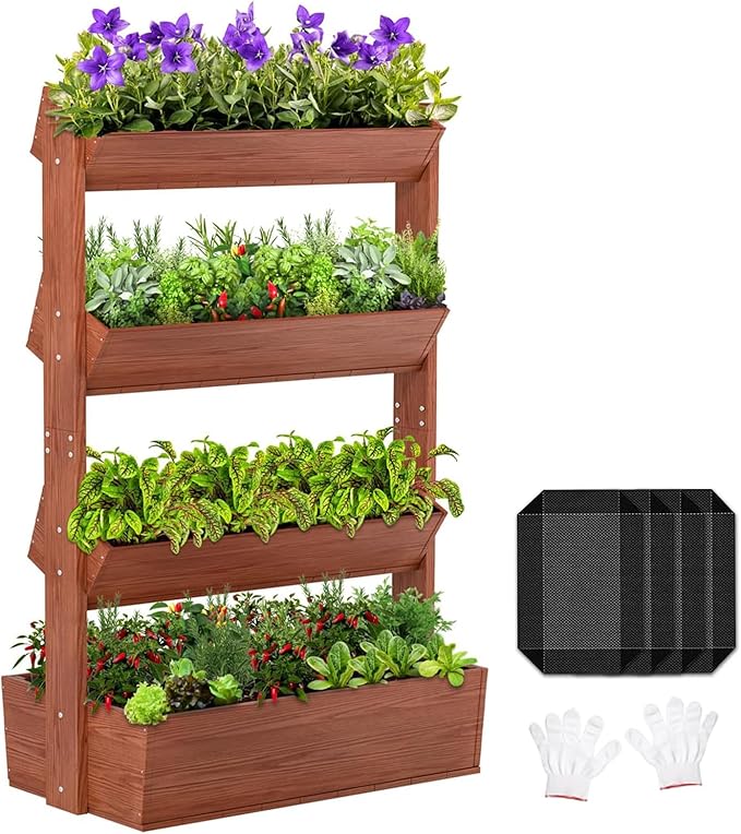 Wooden Vertical Raised Garden Bed, 4 Tier Garden Planters Raised Beds Freestanding Plant Stand Flower Rack Wooden Planter Box for Plants Herbs Flowers Vegetables Outdoor Indoor Gardening