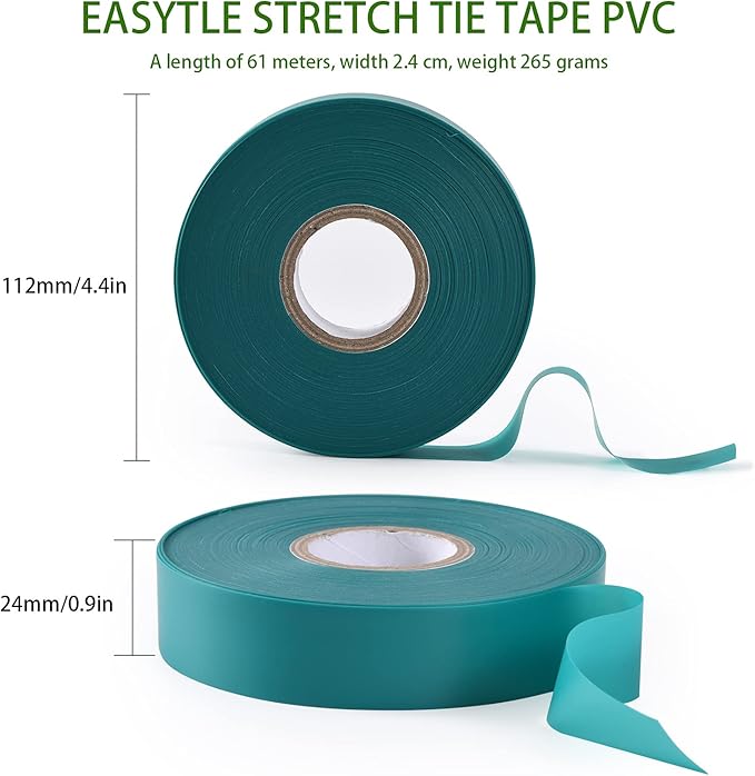 4 Rolls Stretch Tie Tape, 1” Wide 200FT Reusable Garden Plant Ties Green Tapes for Plants, Thick Garden Vinyl Stake Ribbon for Branches Flowers Tomatoes Indoor Outdoor Greenhouse