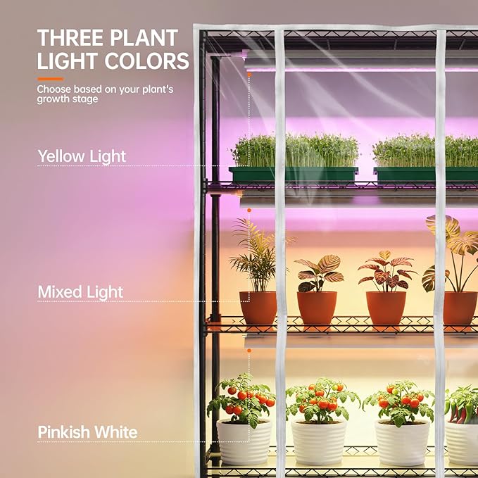 Bstrip Indoor Greenhouse with Grow Light, DIY Plant Shelf with Cover, 6 Tier Plant Stand, 5 Pack 150W Full Spectrum Grow Lights with 3 Color Mode For Indoor Plants, Seed Starting, 29.5"L×13.8"W×71"H