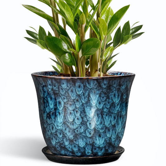 SUNPOTFOR 10 Inch Plant Pot - Ceramic Planter with Drainage Hole and Saucer, Round Flower Pots for Indoor Outdoor, Modern Decorative Planter for Plants, Home Office Decor, Plant Lover Gifts, Blue