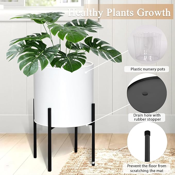 ARNIS Modern Plant Pots, Large Planters with Stand, Set of 2 Decorative Planters, Metal Pots with Drainage Holes for Living Room, Office, Garden or Balcony, 10.5 &12.25 Inch, White