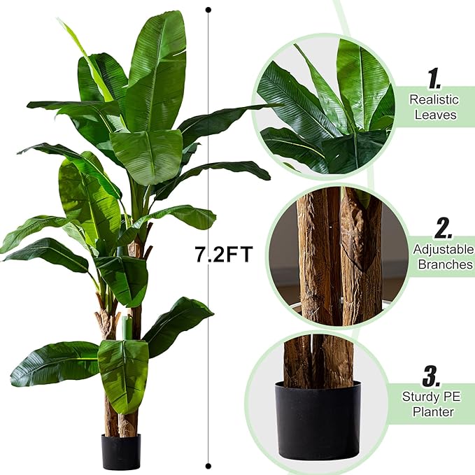 Artificial Banana Tree 7.2ft, Faux Tropical Palm Tree Plant with Realistic Leaves, Low Maintenance Indoor Outdoor Decor for Home Office Porch, in Nursery Pot