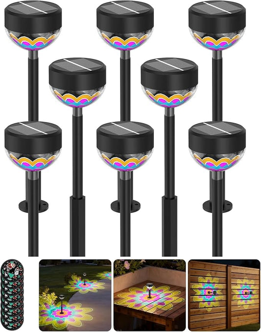 Solar Pathway Lights 8Pack, 1200mAh Solar Garden Lights 2 Themes (Flower & Christmas), Height-Adjustable, Waterproof LED Outdoor Projection Lights for Yard Lawn Backyard Walkway Landscape Decorative