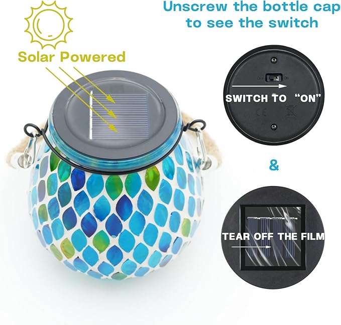 Mosaic Blue Solar Lanterns, Outdoor Glass Hanging Lights, Waterproof, Solar Table Lamps, Christmas Gifts for Women Mom Grandma, Night Lights, Decoration for Garden, Patio, Yard, Party, Outdoor Decor