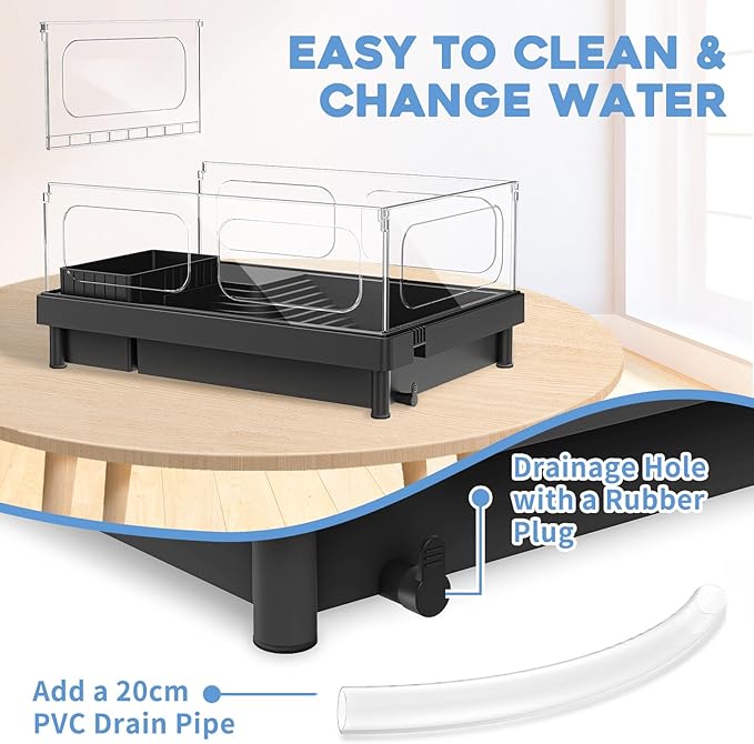 MoonOrange Small Turtle Tank Kit, Acrylic Turtle Tank Starter Kit with Basking Platform, Bottom Drainage, Multi-Function Areas for Turtles, Crabs, Crayfish, Small Reptiles. (Black Kit)