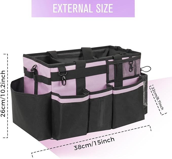 Wearable Cleaning Caddy, Cleaning Caddy Supplies Organizer with Handle & Shoulder Straps for Housekeepers, Under Sink & Car Cleaning Tool Organizers Bag with 4 Foldable Divider (Lilac)