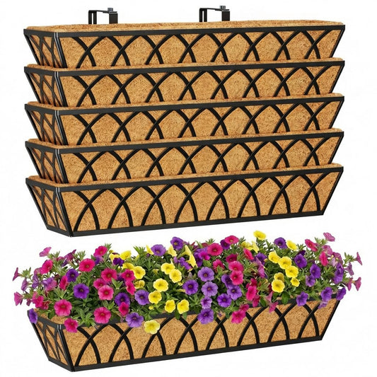 Y&M 6Pcs 30 Inch Deck Railing Planters Outdoor Balcony, Large Metal Window Box Deck Railing Planter with Coco Liner for Outdoor Balcony Porch Fence Patio Rail