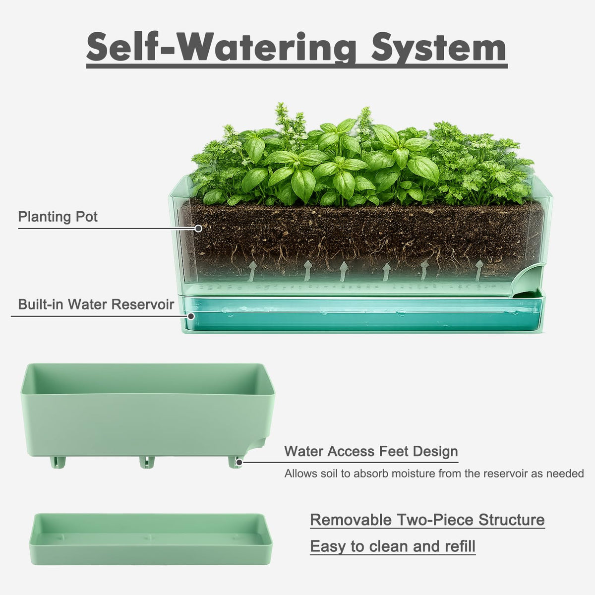 Party Zealot Window Boxes Planters, 5 Pack Self Watering Pots for Indoor Plants 17 Inch Rectangular Planter Rectangle Flower Pots Long Plant Pot Large Window Sill Herb Planter Box, Green