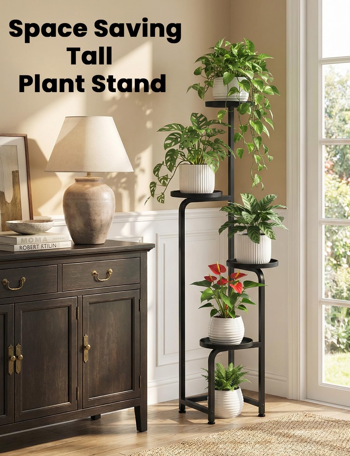 TOSKING Tall 4-Tier Square Metal Plant Stand Outdoor, Drainage Trays, Black