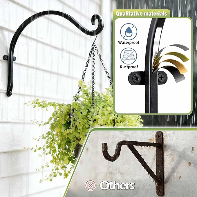 Lifyzoon Hanging Plant Brackets Outdoor - 4 Pack 12-Inch Hanging Bird Feeder Hangers, Black Metal Outdoor Wall Hooks for Heavy Plants, Birdhouse, Wind Chimes
