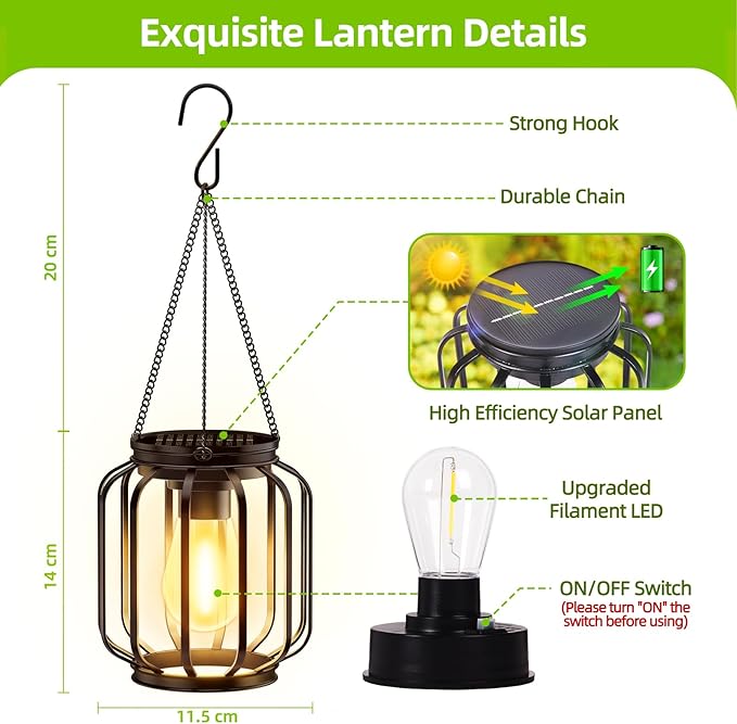 Solar Hanging Lanterns Outdoor Waterproof: 4 Pack Metal Solar-Powered Lights with Hook, Bright Warm Lantern Decor for Outside, Classic Outdoor Lighting for Yard Garden Patio Porch Balcony Decorations
