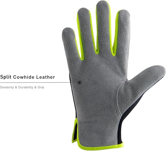 HANDLANDY Men Leather Gardening Gloves, Utility Work Gloves for Mechanics, Construction, Driver