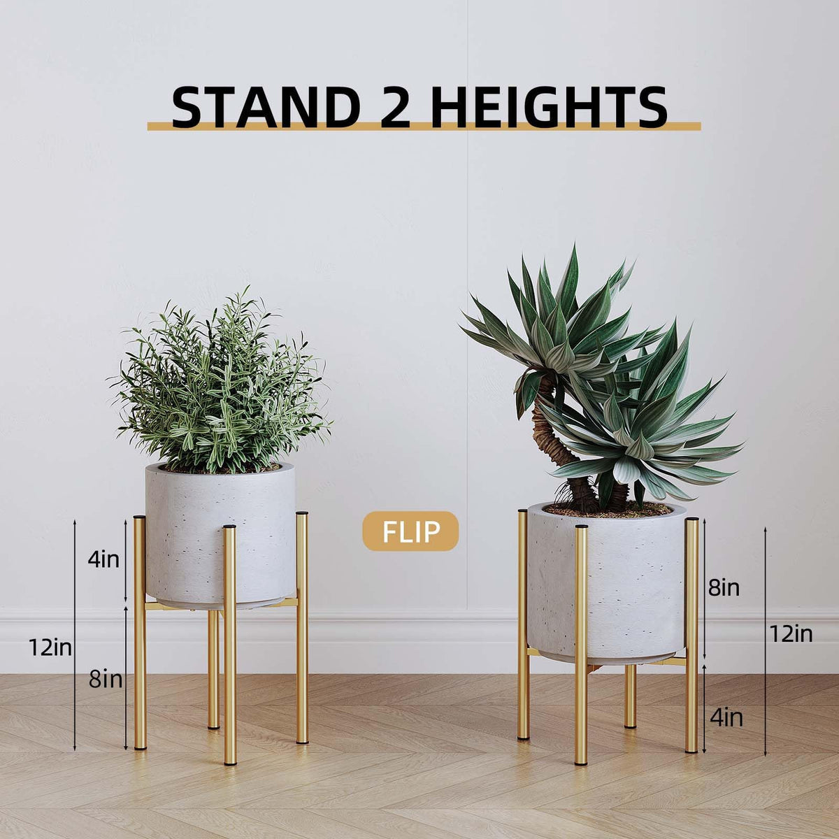 Rioneta Adjustable Metal Plant Stand Indoor, Fits 8-14 Inch Pots, Mid Century Modern Gold Planter Holder,2 Heights, Heavy Duty 160 lb, Indoor Outdoor Corner Floor Pot Stand, Golden 2 Pack