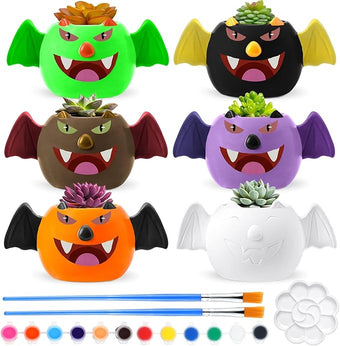 Pasimy 6 Set Ceramics to Paint DIY Ceramic Succulent Planter Pots Paint Your Own Flower Pots Craft Kit Unpainted Bisque Flowerpot with Brush Palette for Family Activity Holiday Gifts(Bat)