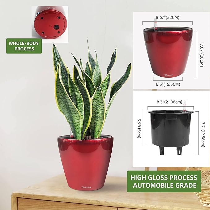 Dexceder 9x8 Inches High Gloss Self Watering Planter Indoor Outdoor, Inner Pot Design, Thickened Table Flower Plant Pot with Water Level Indicator (Red)