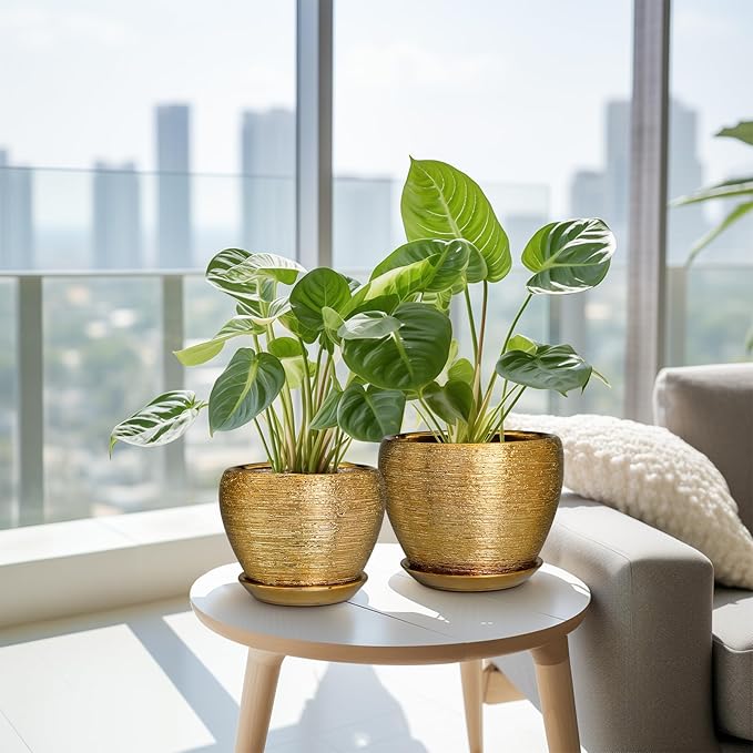 Flower Pots for Indoor & Outdoor Plants - Ceramic Pots 10 Inch, 8 Inch, 6 Inch with Drainage Holes, Saucers - Decorative Large Planters Set of 3 Gold