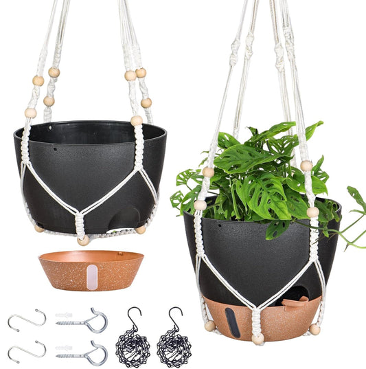 10 Inch Hanging Planters for Indoor Plants, 2 Pack, Self Watering, Black