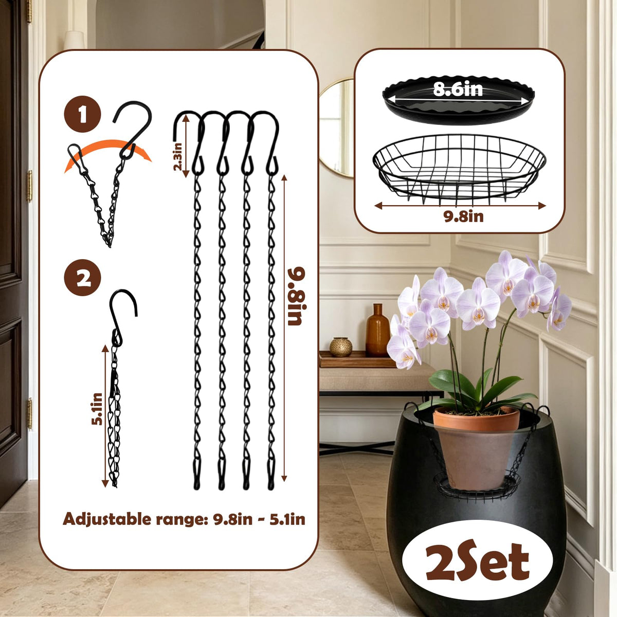 HeQiD 2 Set Adjustable Planter Inserts for Large Pots, Plant Risers for Inside Pots, Adjustable Plant Stand Indoor Outdoor, Stainless Steel Planter Insert with 8 Chains for Large Pots Tall Planters