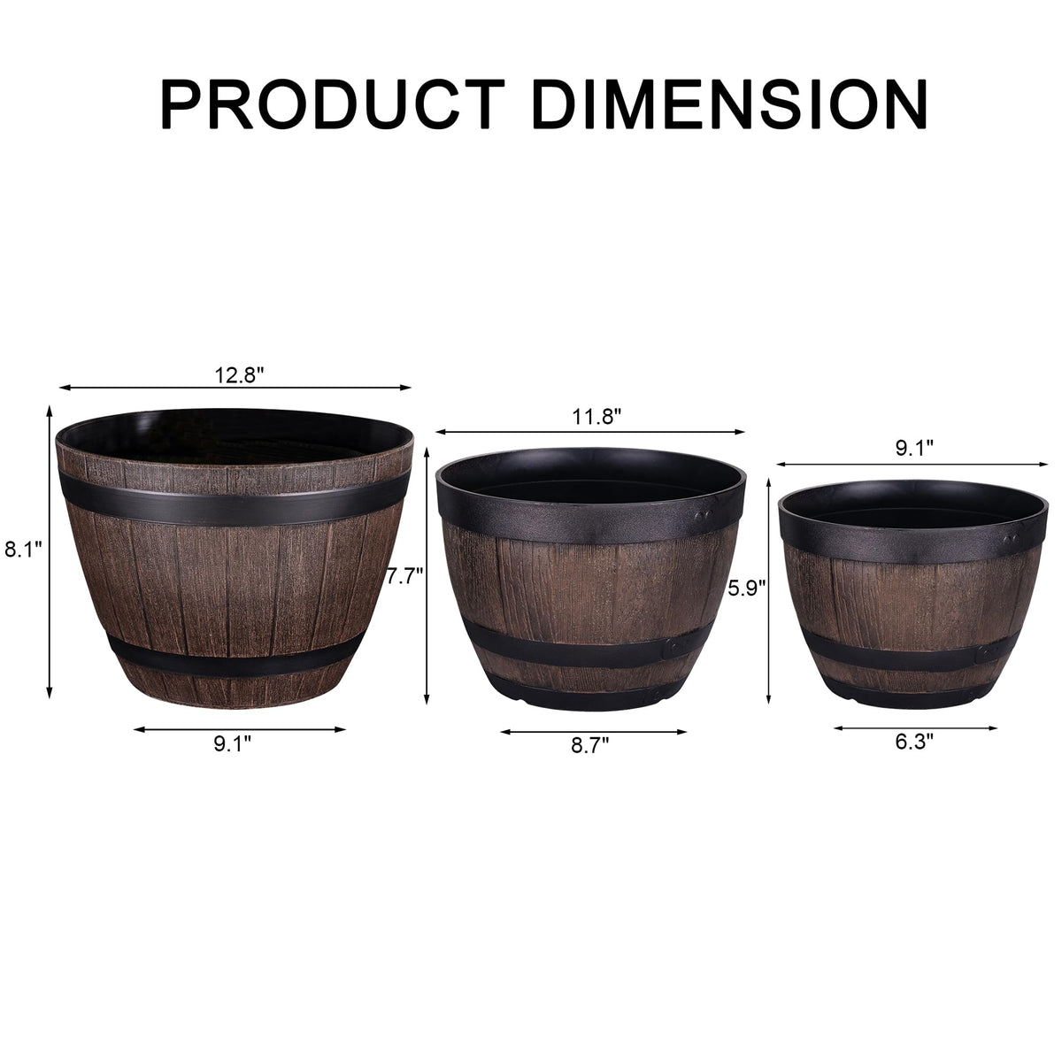 VECELO Plant Pots with Drainage Holes & Saucer, 9/11.3/13 Inch Flower Pots with Tray, 3 Pack Plastic Whiskey Barrel Planters for Indoor & Outdoor Garden Home Plants and Flowers