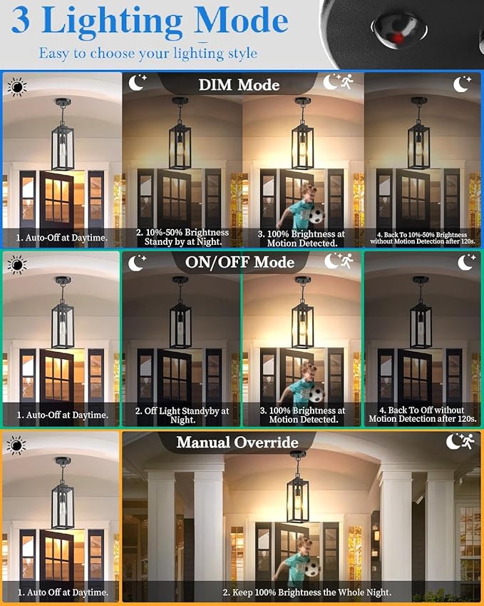 15'' Large Motion Sensor Outdoor Pendant Lights, Dusk to Dawn Modern Outside Chandelier Outdoor Hanging Lantern with Clear Glass, Exterior Pendant Lighting Fixture for Porch, Yard, Black, 1Pack
