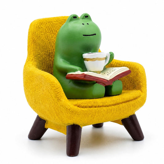 Edyocey Frog in Chair Figurine, Reading Book Resin Statue, Fairy Garden Decor, Mini Desk Accessories Gift for Cat Lovers (Yellow Coffee)