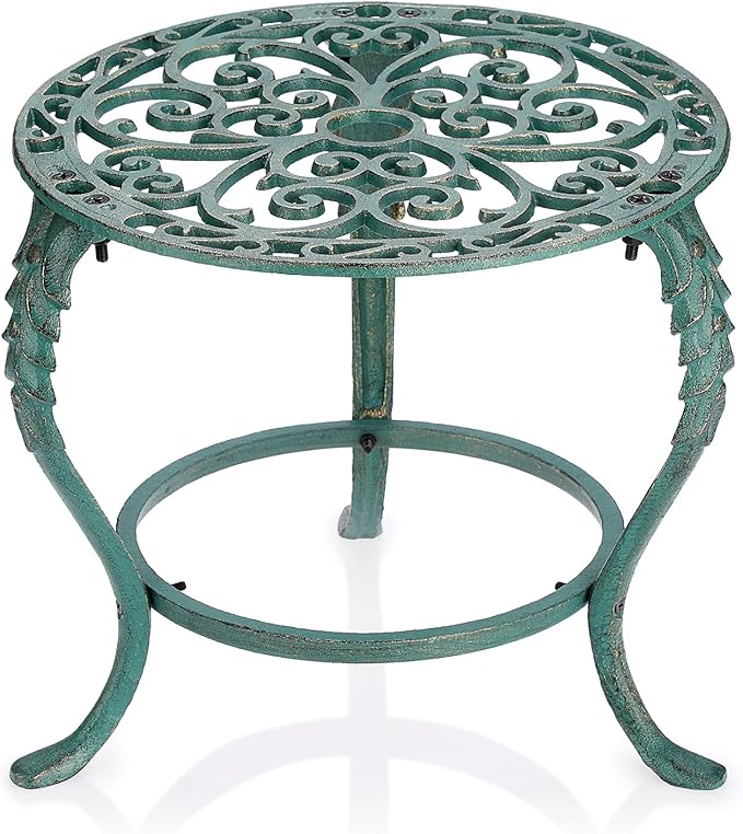 OwnMy Cast Iron Plant Stand Heavy Duty Vintage Wrought Iron Flower Pot Holder, Decorative Pedestal Potted Plant Rack, Indoor Metal Large Plant Stand for Outdoor Patio Garden Home, Antique Green