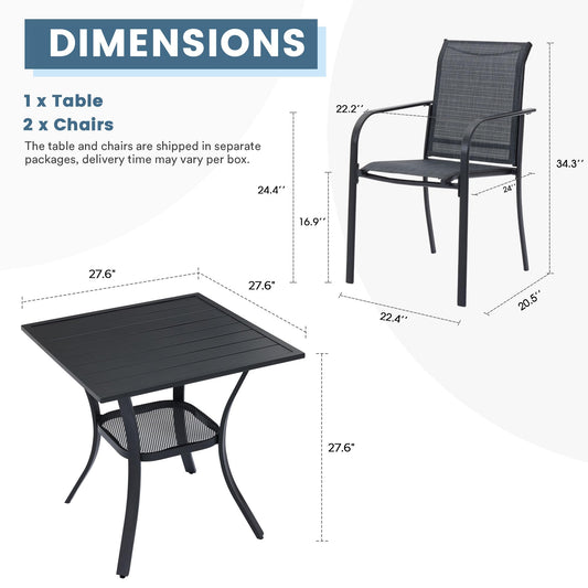 DIFY 3-Piece Outdoor Patio Bistro Dining Set, Black Small Square Dining Table & 2 Grey Stackable Metal Chairs with Breathable Fabric, Outdoor Furniture Set for Balcony, Porch, and Deck