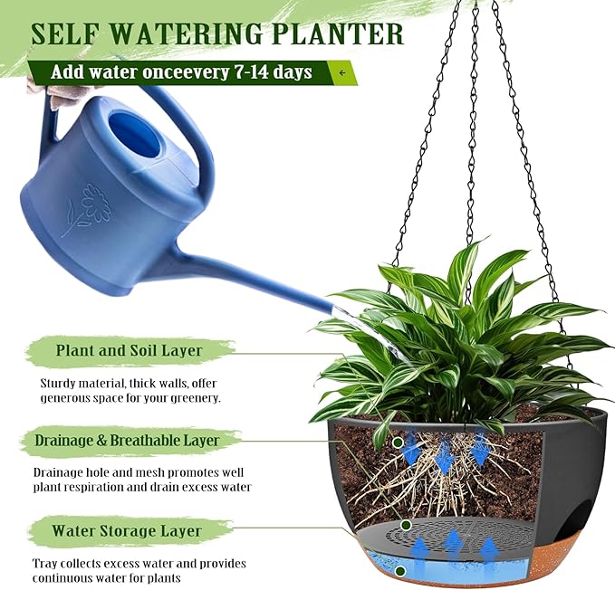 Lucieblessdesign Hanging Planters for Outdoor Indoor Plants, 2 Pack 12 Inch Hanging Basket Plants Outdoor, Self Watering Hanging Planter with Plant Hanger for Garden Home Decoration (Black)