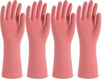 Rubber Cleaning Gloves for Dishwashing, 4 Pairs Reusable Kitchen Gloves for Washing Dishes and Household Cleaning, Pink Dish Gloves with Flocked Lining and Non-Slip Grip, Pefect for Woman Men - L