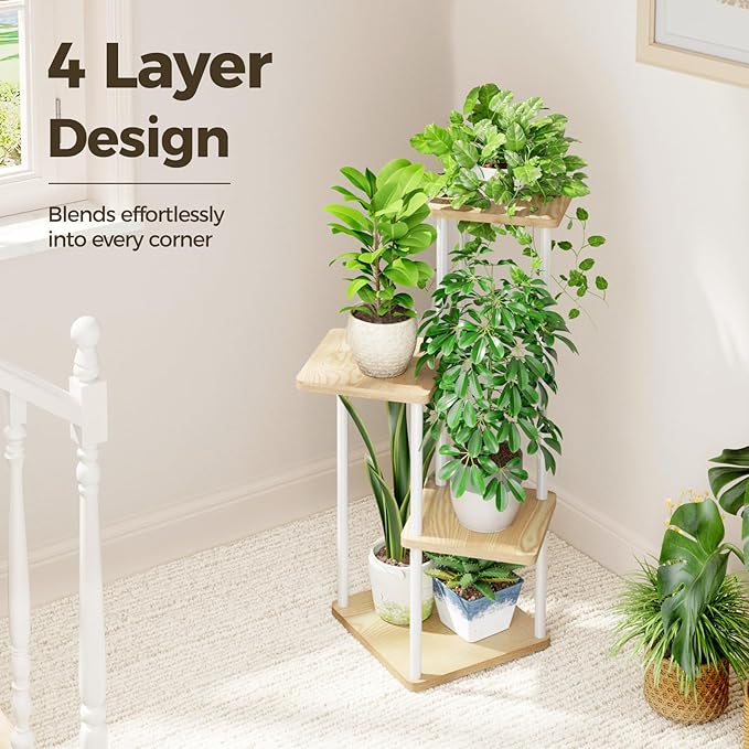 Bamworld Small Plant Stand Indoor 4 Tier Metal Plant Shelf for Multiple Plants Corner Flower Stand for Patio Garden Balcony Living Room Bedroom White