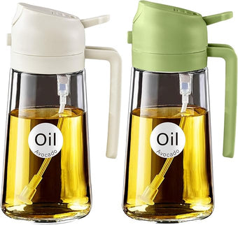 YARRAMATE 2Pcs 16oz/470ml 2 in 1 Oil Sprayer for Cooking with Stickers, Food-grade Glass Oil Spray Bottle, Oil Dispenser and Oil Sprayer for Kitchen, Salad, Frying, BBQ (White & Green)